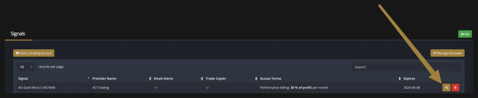 Signals page showing AO Gold with green ticks confirming subscription
