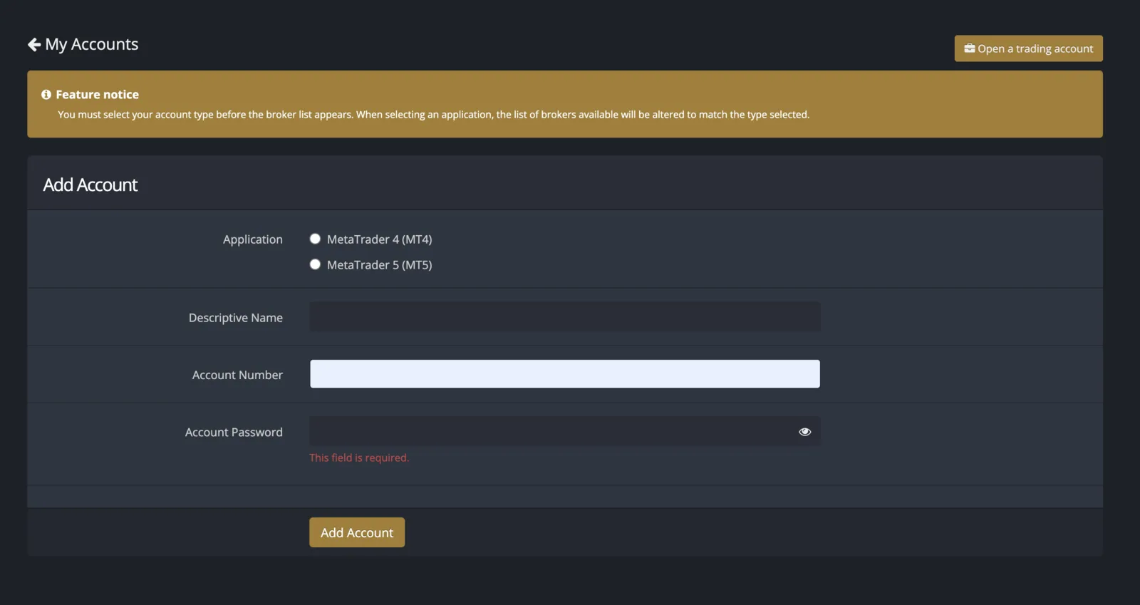 Add Account form with Application, Name, Number, Password fields