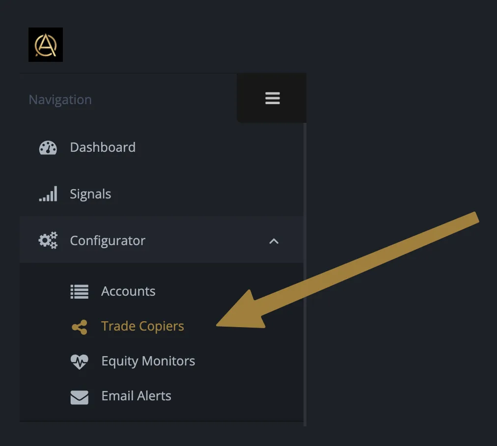 Left navigation with Trade Copiers highlighted