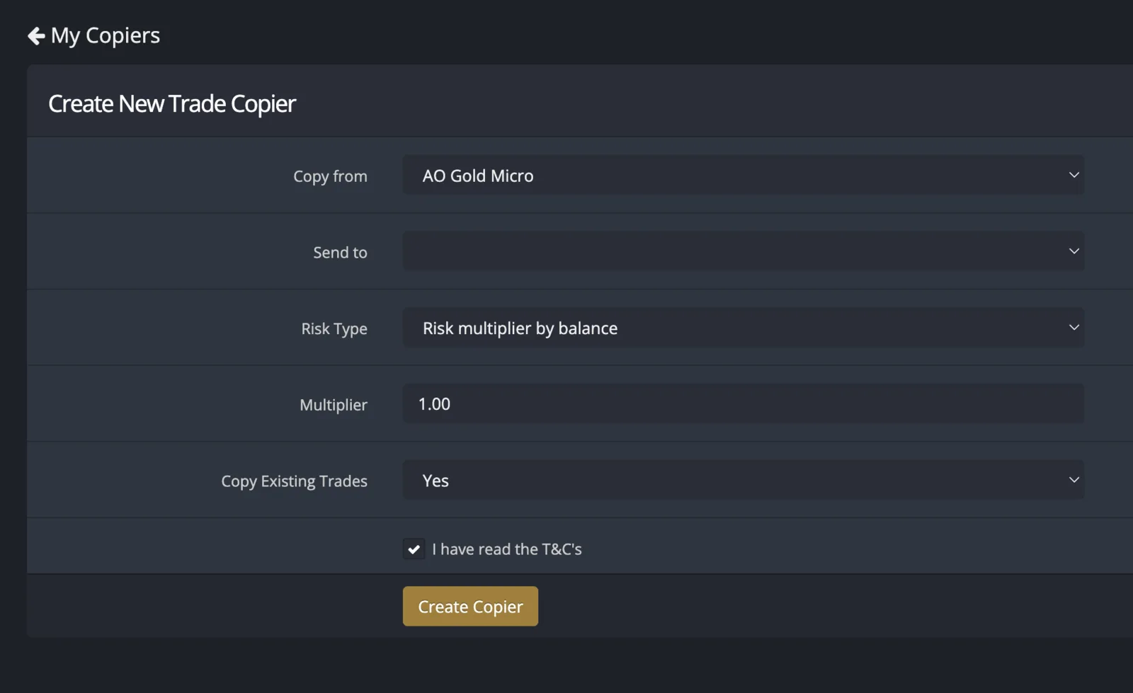 Create New Trade Copier form