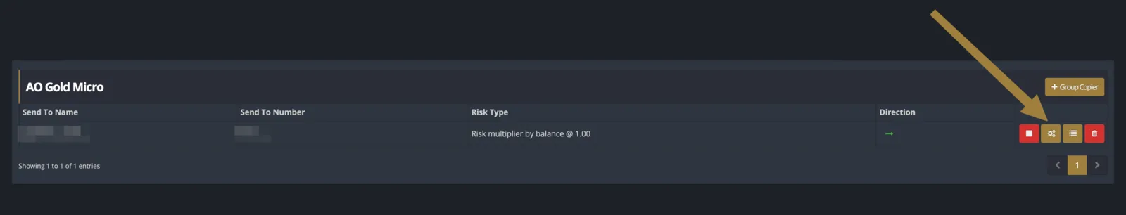 Trade Copiers list with settings icon highlighted