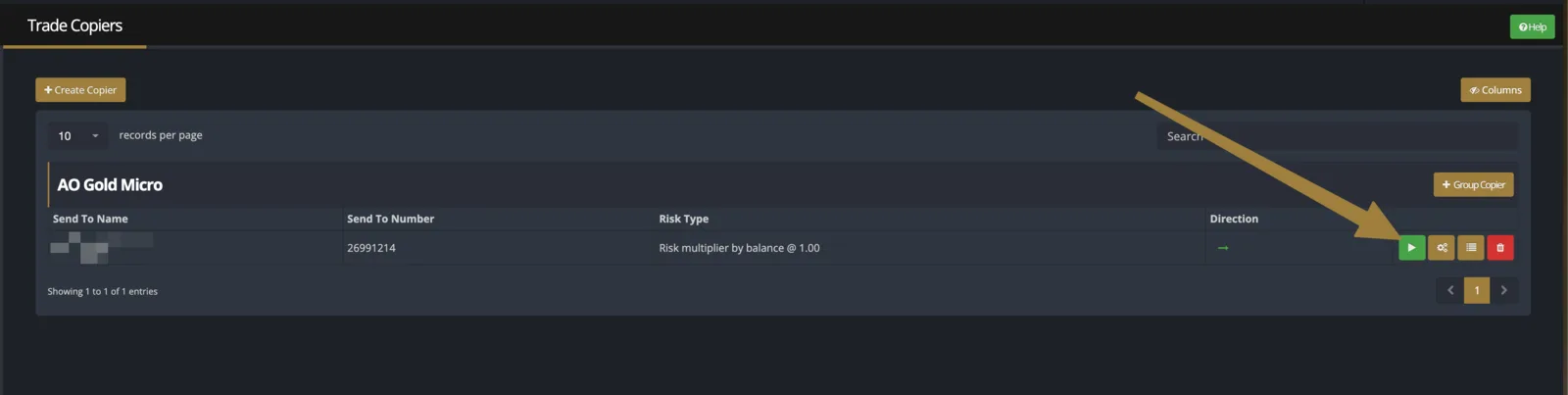 Trade Copiers list showing active green copier