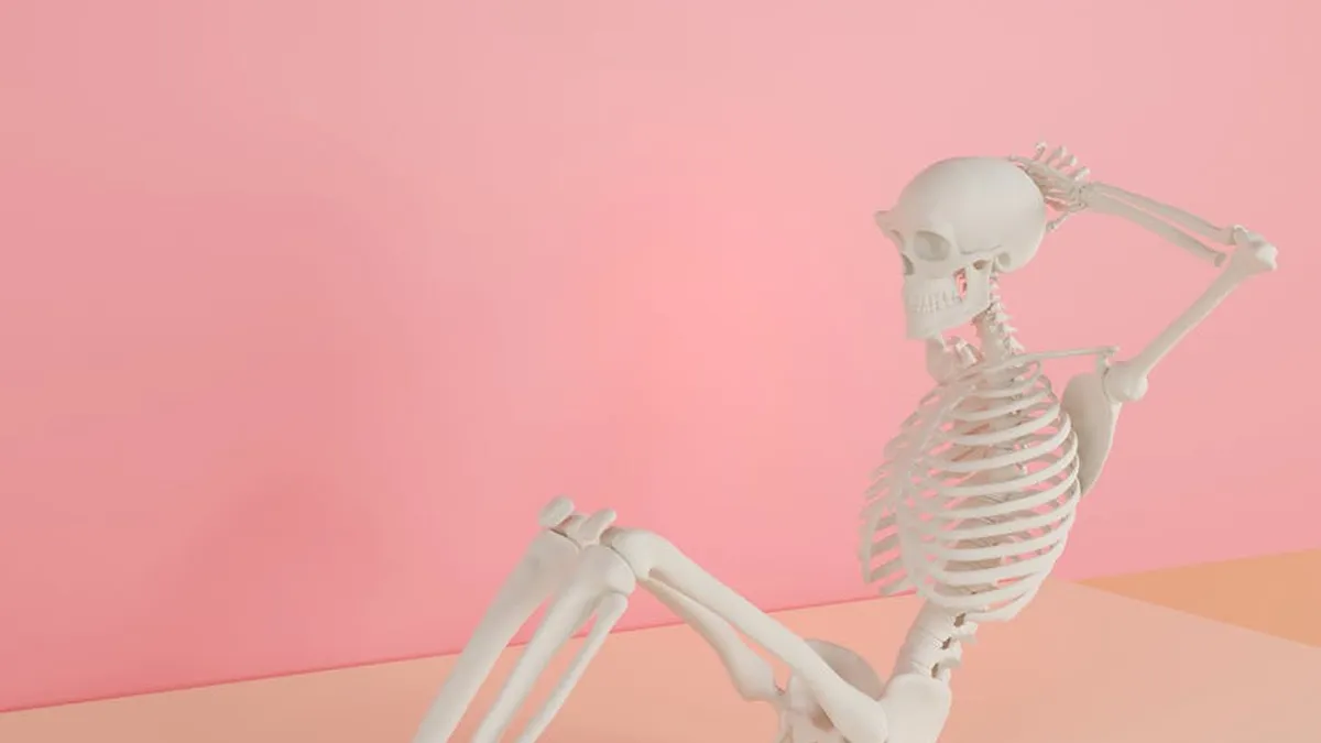 White skeleton model set in a sit-up pose on a pastel pink background.