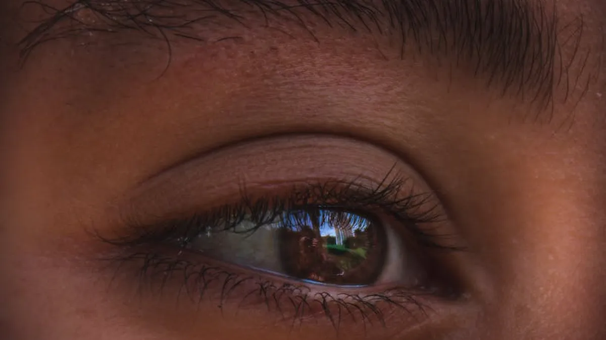 Detailed close-up of a human eye reflecting an outdoor scene, emphasizing visual depth.