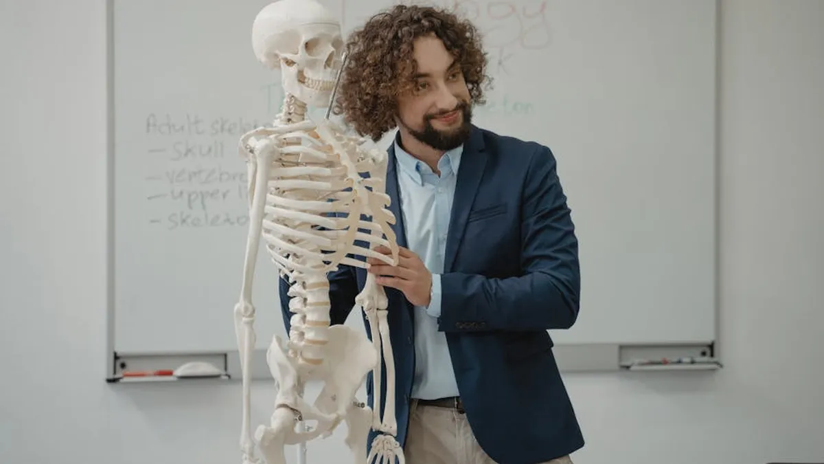 A biology teacher demonstrates the human skeleton model in an engaging classroom setting.