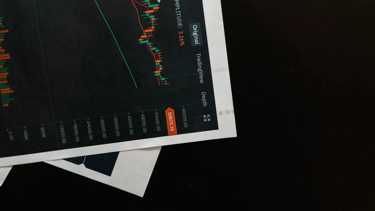 Detailed close-up of a financial chart on a black surface, showing stock market analysis.