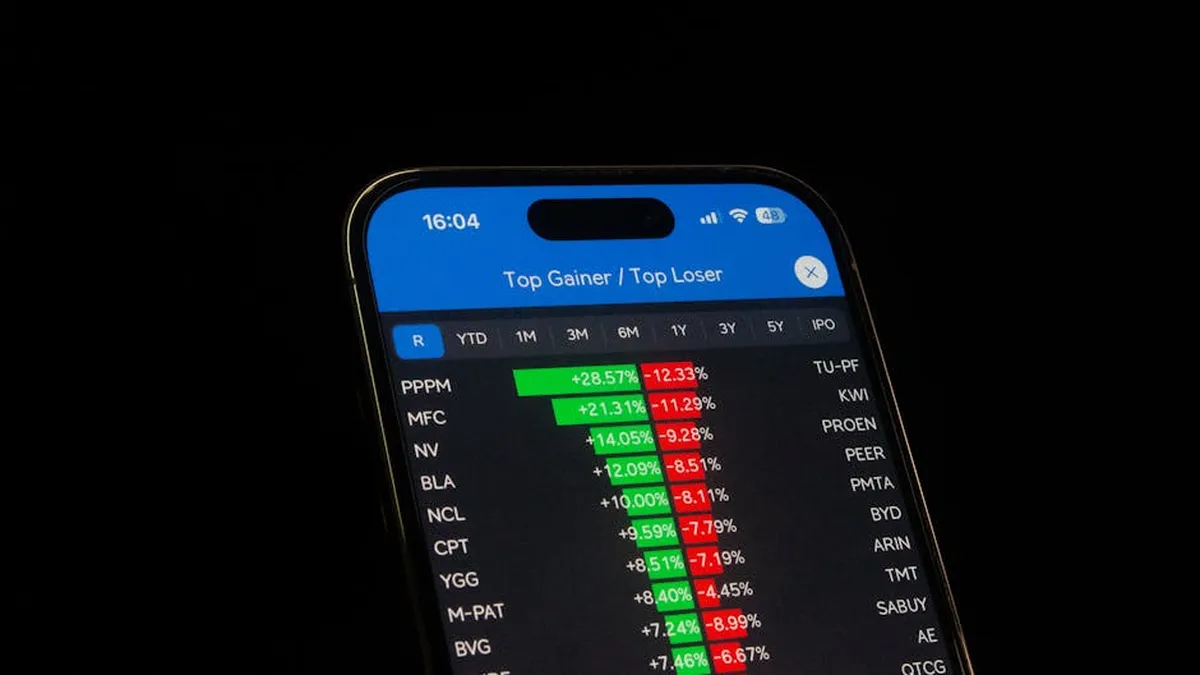 Close-up of a smartphone showing stock performance in a trading app. Ideal for financial and business themes.