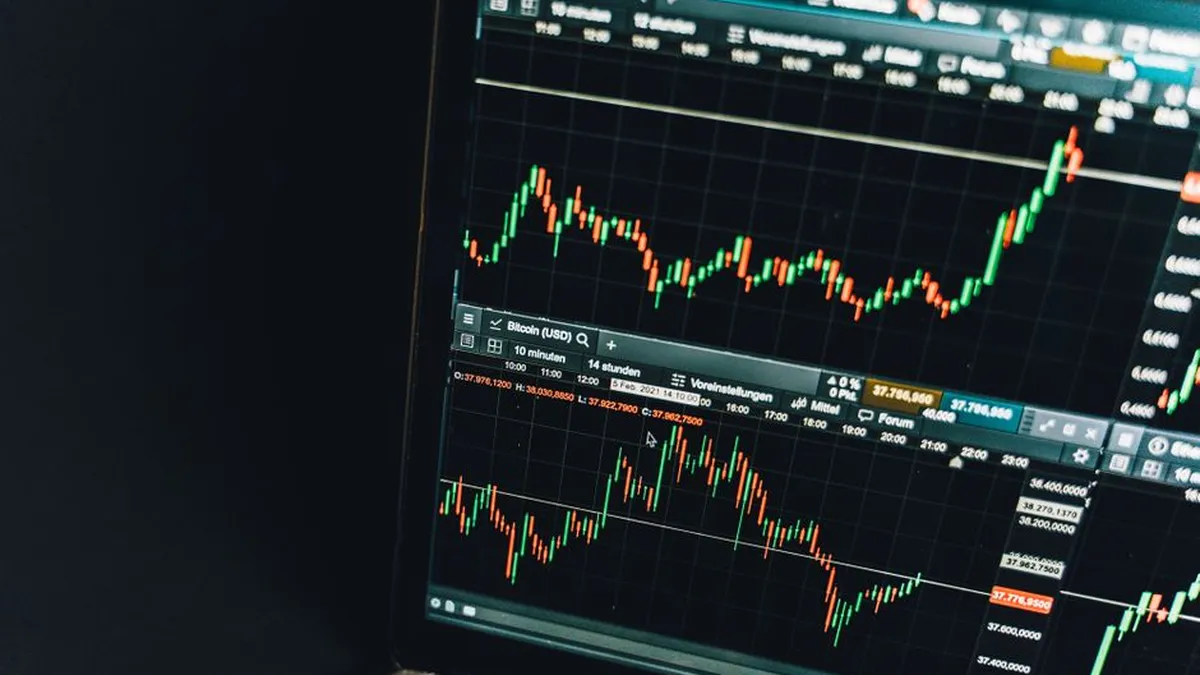Close-up of a live cryptocurrency trading chart screen displaying dynamic market trends and analysis.