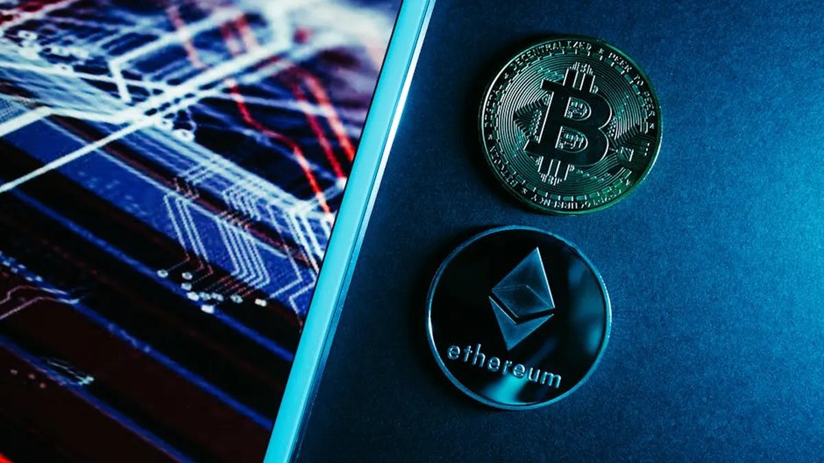 Bitcoin and Ethereum coins on a digital circuitry background symbolizing blockchain technology.