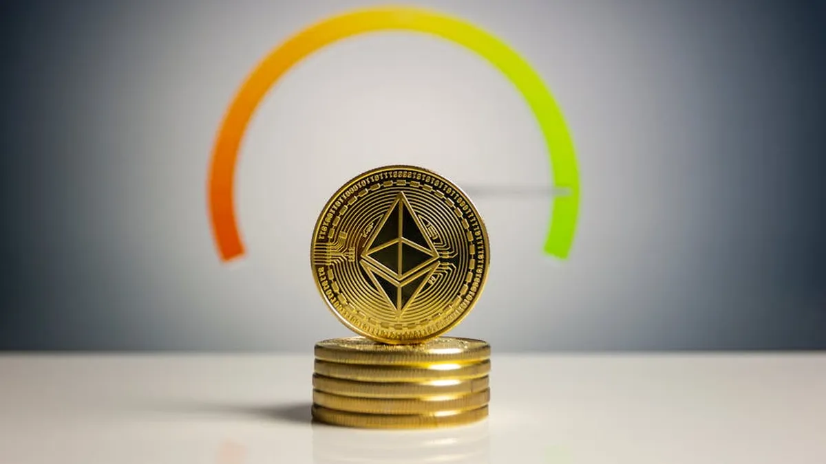 Stack of Ethereum coins with a color gradient background signifying cryptocurrency dynamics.