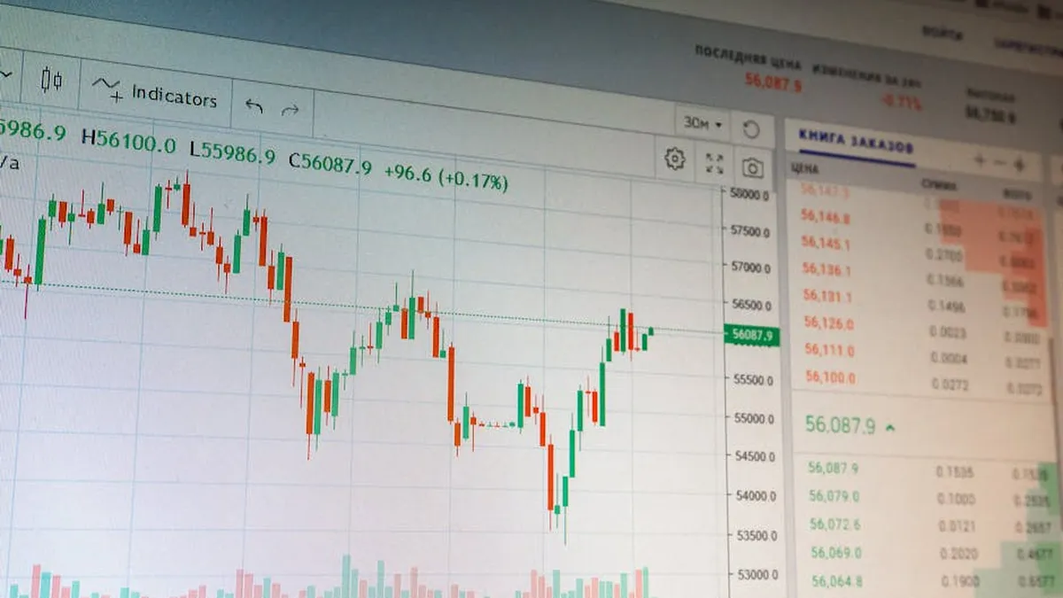 Close-up of digital cryptocurrency market graph showing price fluctuations and trading data.