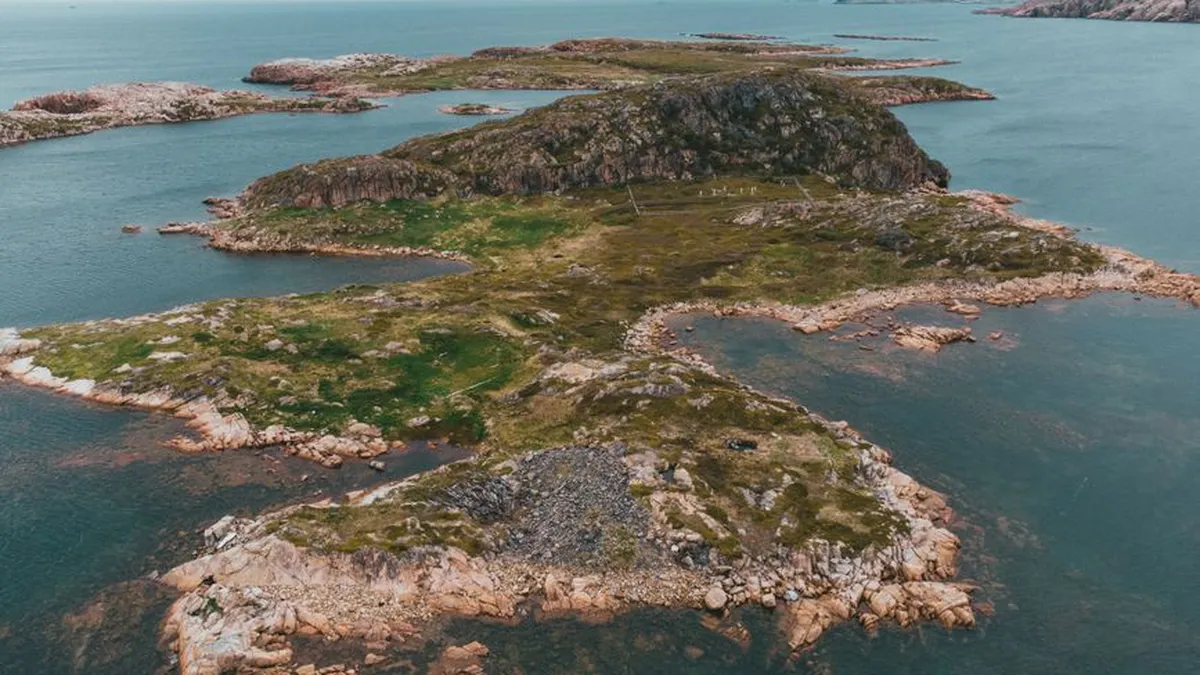Aerial view of rugged coastal islands with rocky formations and lush green grass.