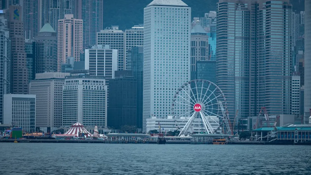 A vibrant cityscape featuring towering skyscrapers and a ferris wheel along the waterfront.
