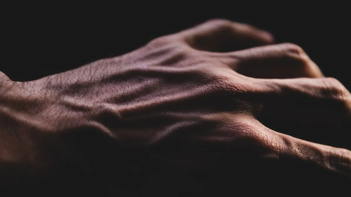 Detailed close-up of a veined adult hand with dramatic lighting and shadow effects.
