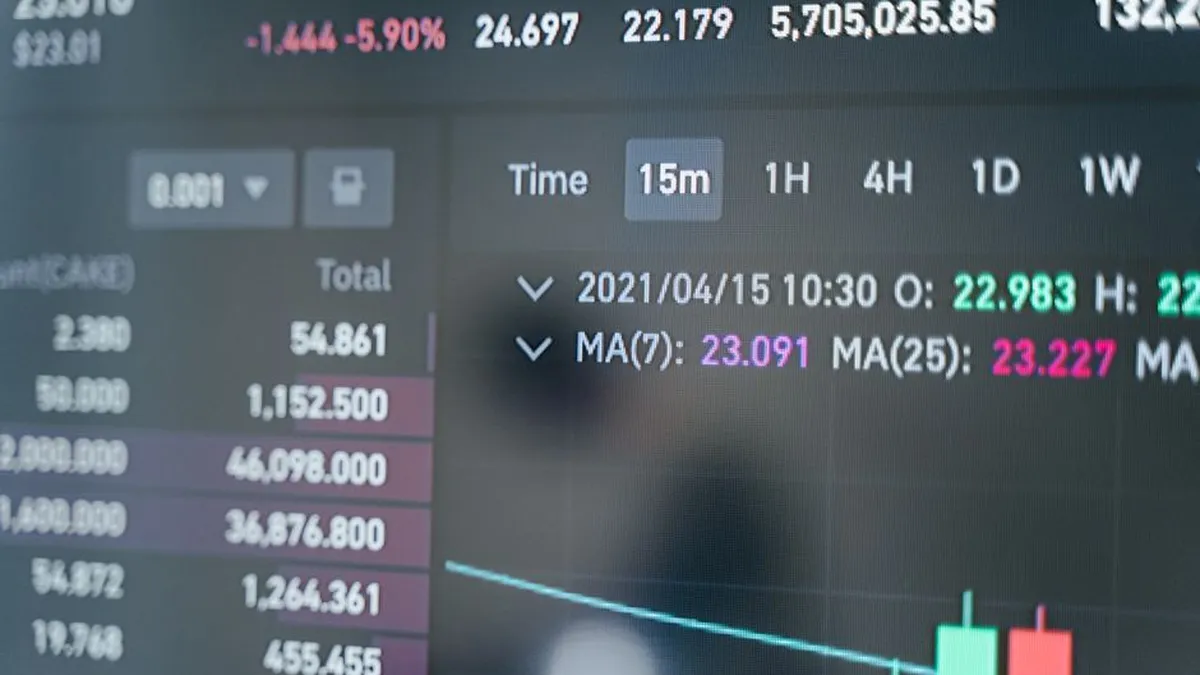 Close-up of a cryptocurrency trading screen displaying real-time data, graphs, and analytics.
